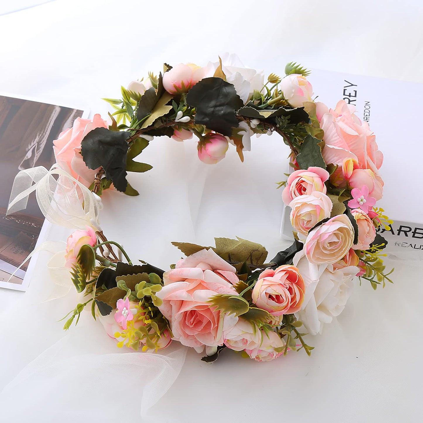 YnimioAOX Handmade Adjustable Flower Wreath Headband Halo Floral Crown Garland Headpiece,Pmx3099-pink flower