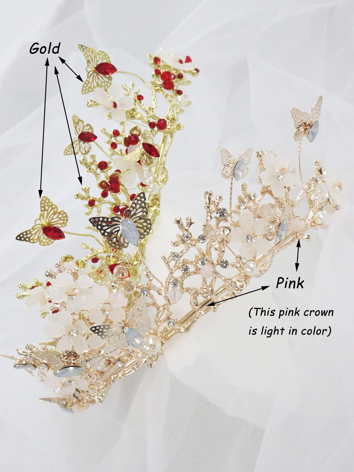 Brihasory Butterfly Queen Birthday Crowns Gold Tiaras for Bride, Crystal Royal Princess Wedding Rhinestone Headband, Costmue Party Christmas Halloween Black Prom Headpiece for Women and Girls (Pink)