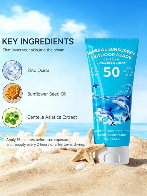 Reef Safe Sunscreen SPF 50 - Travel Size Zinc Oxide Mineral Formula with Natural Centella Extract