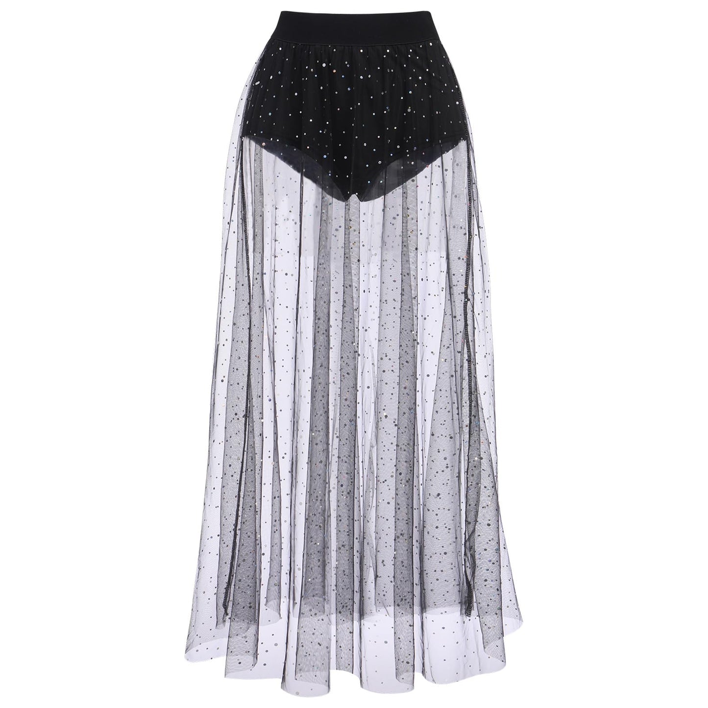 Women's Sheer Mesh 2 in 1 Glitter Sequin Elasticized High Waist A Line Party Maxi Skirt Sparkle Galaxy Sequin Tulle Cover ups Festival Outfits Costume Black Polka Dot S