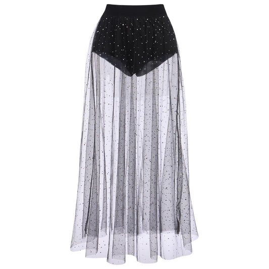 Women's Sheer Mesh 2 in 1 Glitter Sequin Elasticized High Waist A Line Party Maxi Skirt Sparkle Galaxy Sequin Tulle Cover ups Festival Outfits Costume Black Polka Dot S