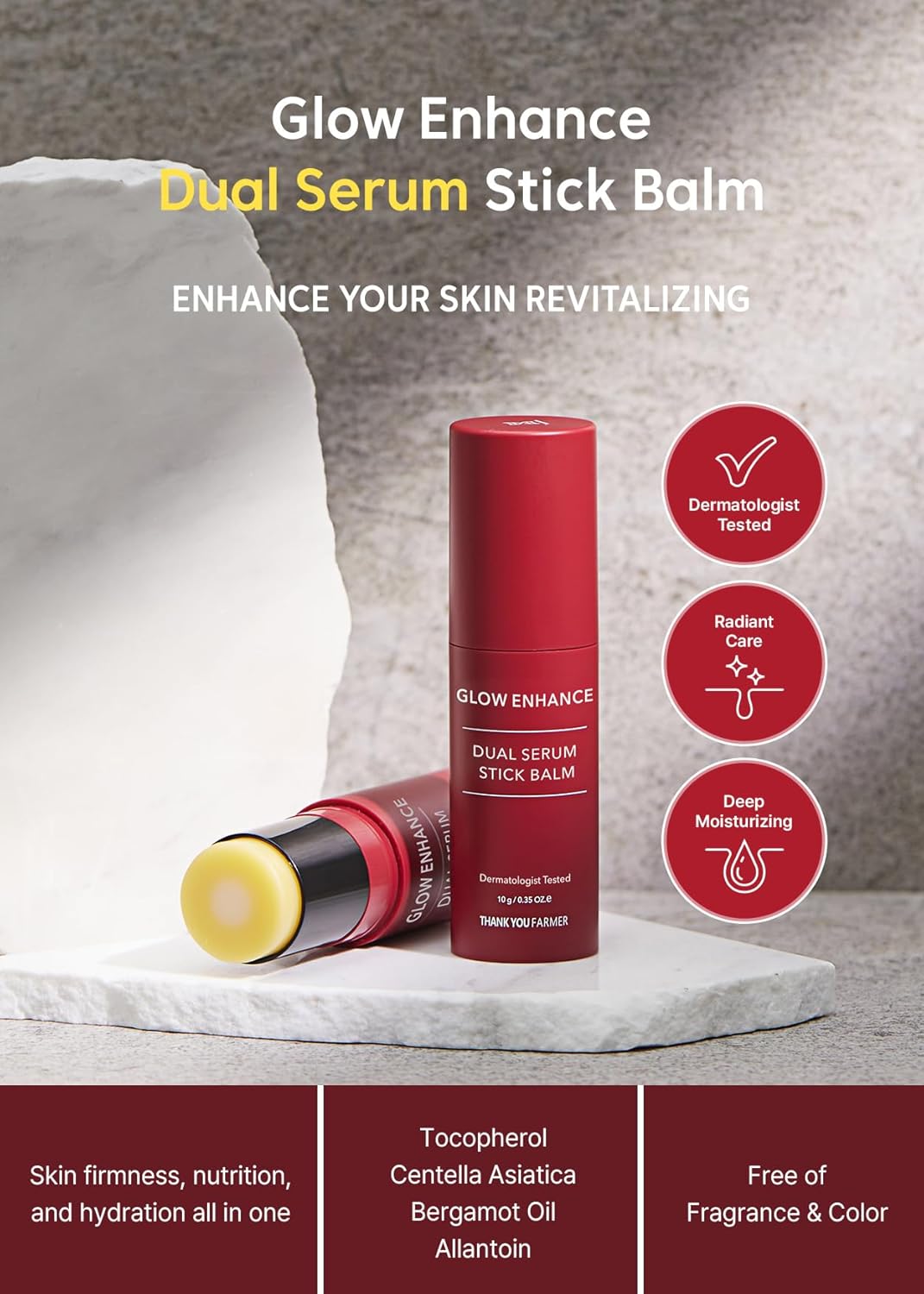 Thankyou Farmer Glow Enhance Dual Serum Stick Balm - Korean Eye Cream for Fine Lines & Lifting 0.35oz