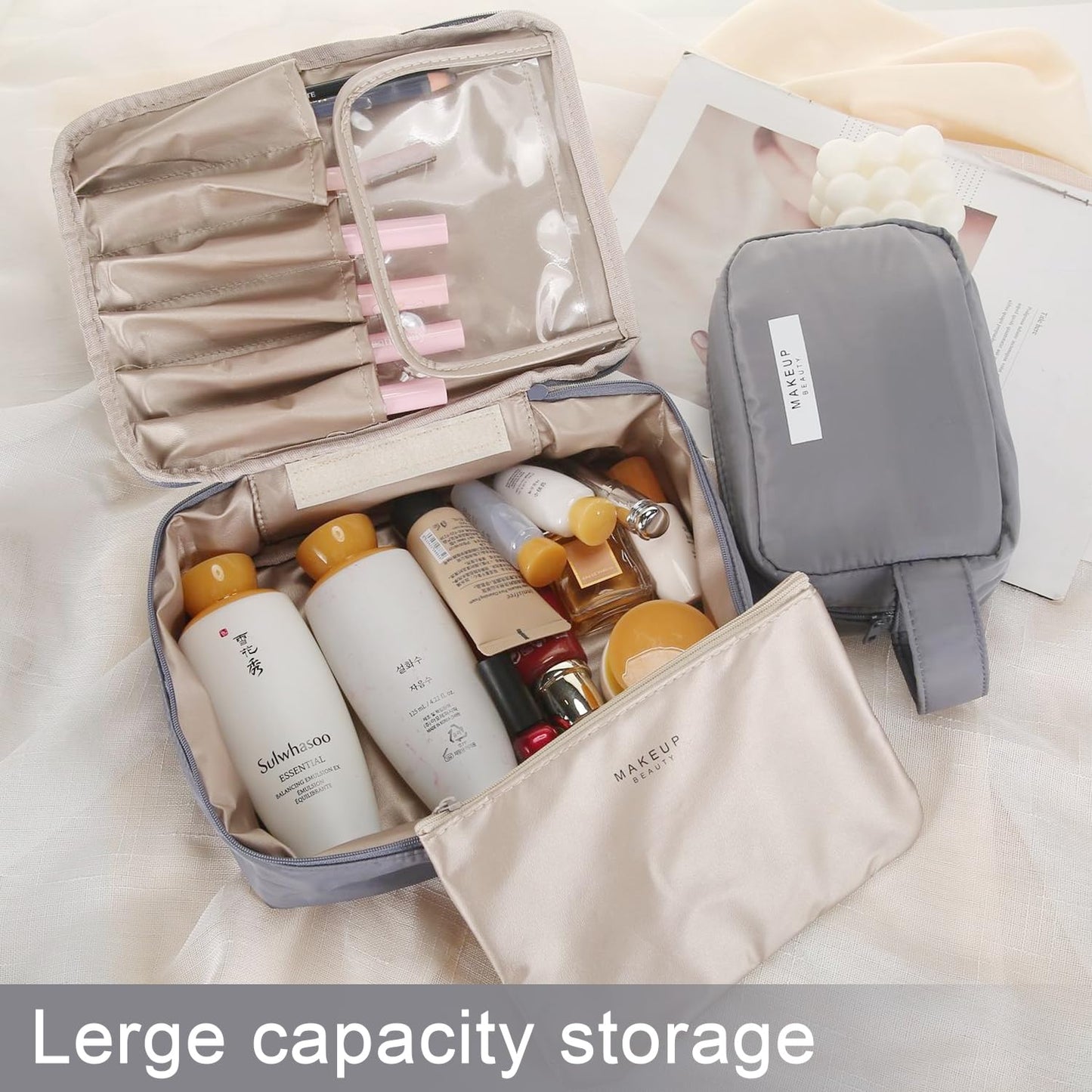 Travel Makeup Bag Cosmetic Bag Makeup Bag Toiletry bag for women and men (Grey-3pcs)