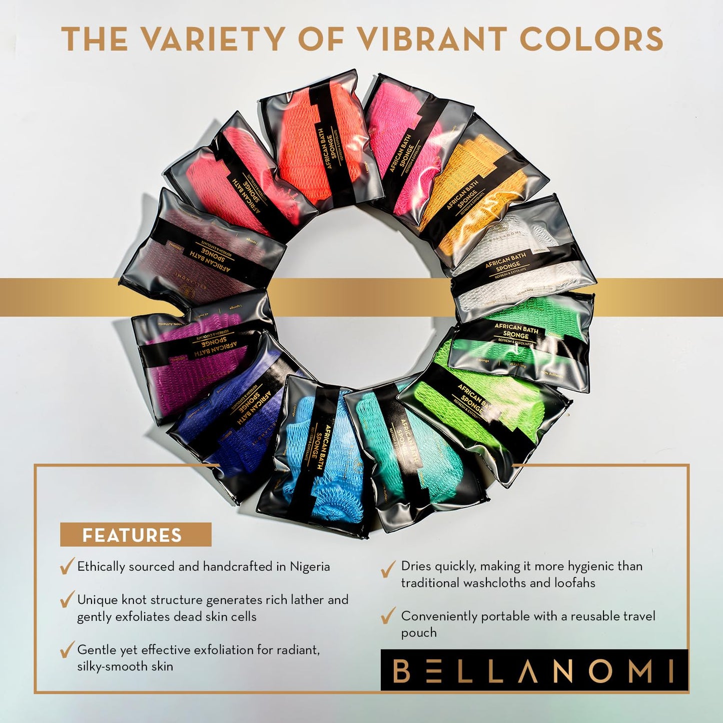 BELLANOMI African Exfoliating Net Sponge, Authentic, Ethically sourced from Nigeria, 45 inches Long, Back Scrubber for Daily use (Black)