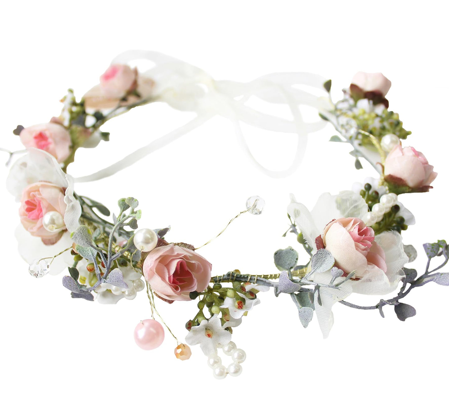 Trepveter Pearl Flower Crown Floral Garland Headband Flower Halo Headpiece Hair Wreath Cosplay Halloween Wedding Bridal Photo Props Renaissance Party Prom Pink