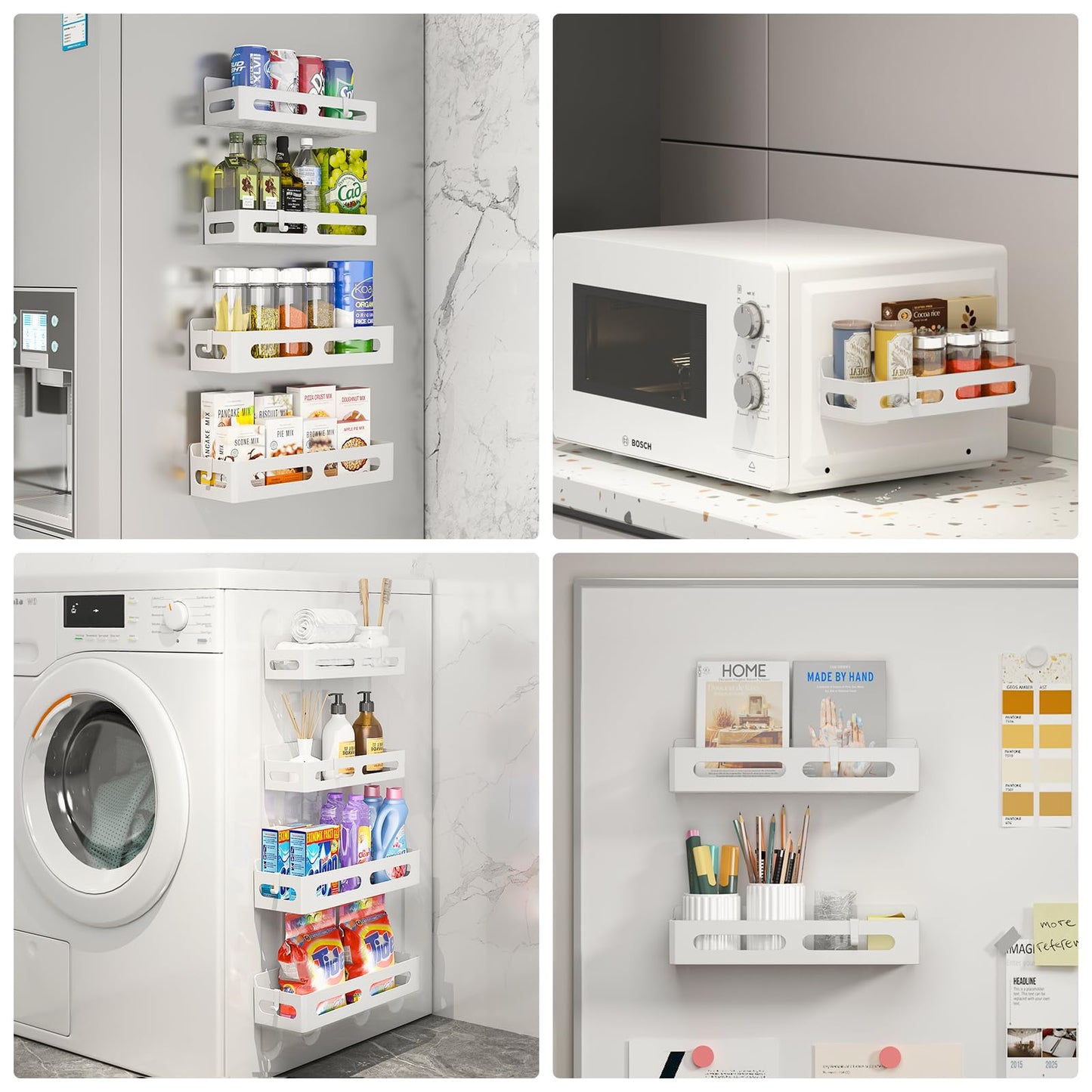 4 Pack Strong Magnetic Spice Rack for Refrigerator, Multipurpose Magnetic Shelf for Fridge with 4 Hooks for kitchen and Bathroom Organization, Black