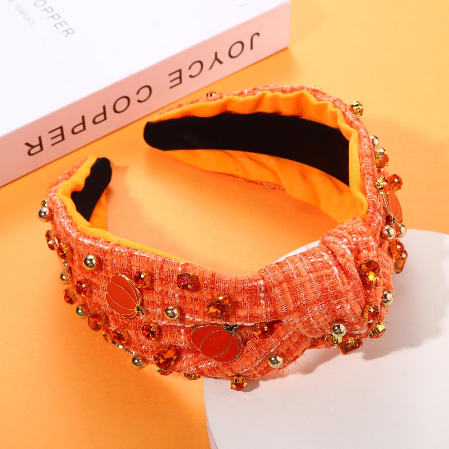 JERTOCLE Thanksgiving Headband Fall Headband for Women Enamel Pumpkin Crystal Knotted Headband Jeweled Tweed Top Knot Headband Autumn Ooutfit Accessories (Pumpkin)