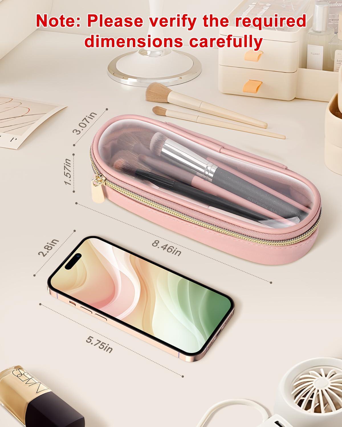 Soimeat Clear Travel Makeup Brush Holder - Large Pink Waterproof Cosmetic Case