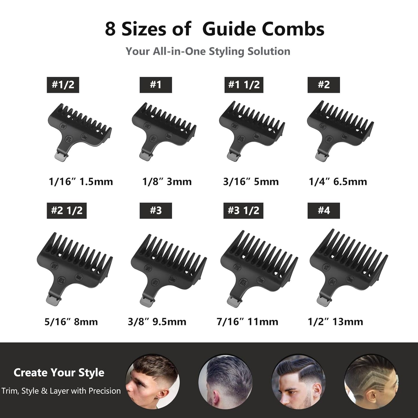 Wahl Beard Trimmer Guide Comb Set - 8 Full-Size Attachment Guards (1/16" to 1/2") for Precision Grooming