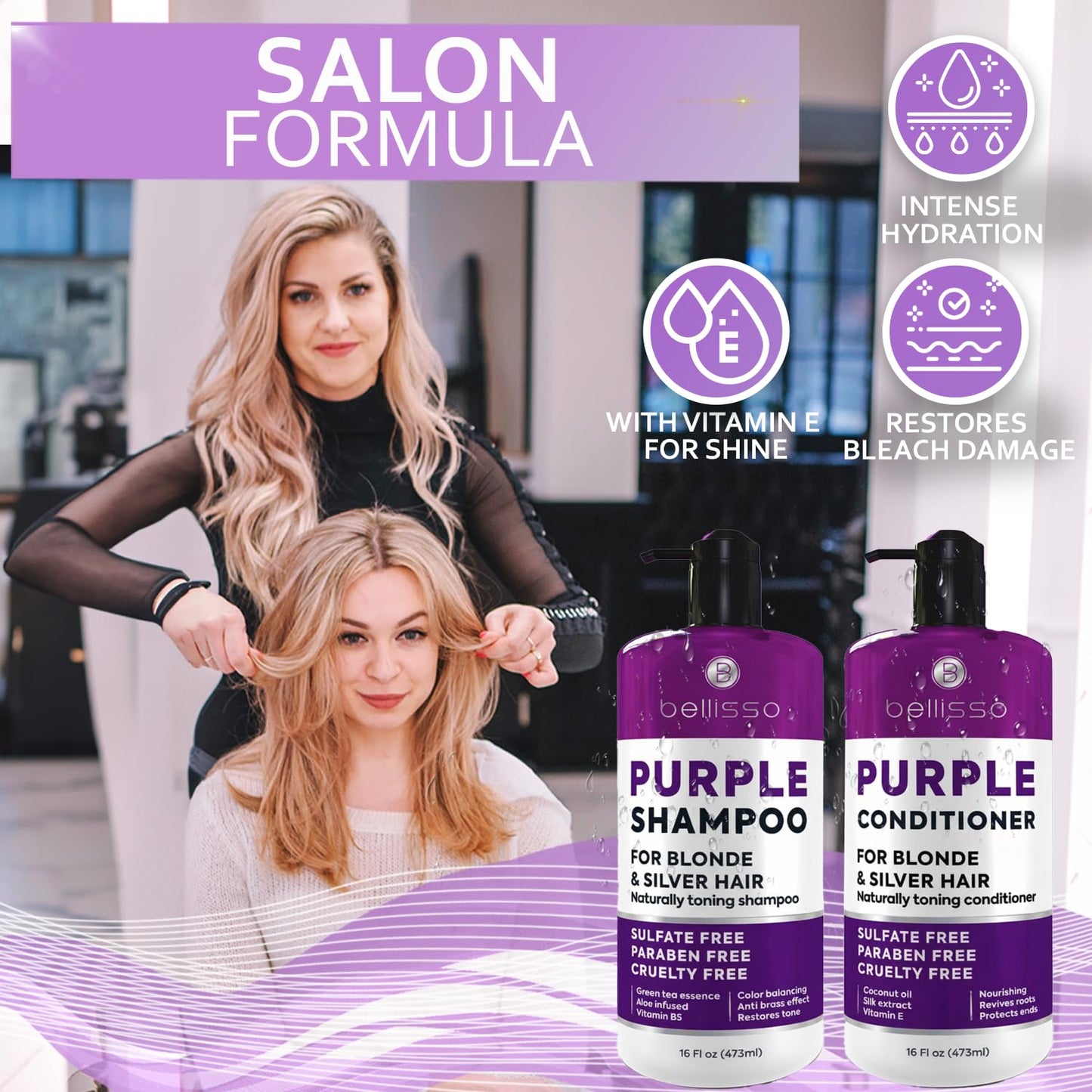 Skiennix Purple Shampoo and Conditioner Set - Sulfate & Paraben Free Toner for Blonde, Silver, and Grey Hair (2 x 16 fl oz)