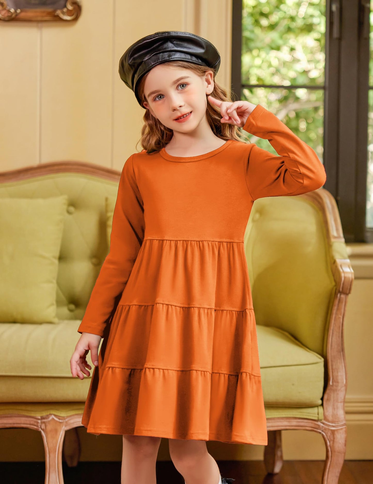 Arshiner Girls Long Sleeve Dress Fall Cotton Crewneck Tiered Ruffle Swing Solid Casual Midi Dresses Orange 6 Years