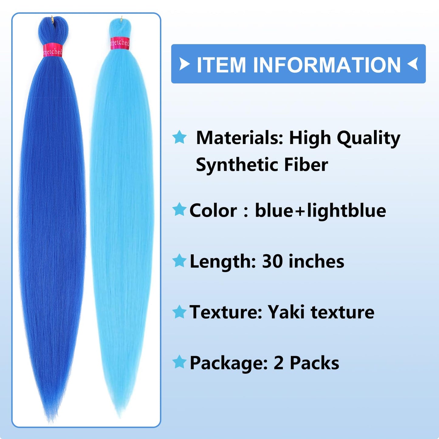 Blue+Light Blue Pre Stretched Braiding Hair 30 Inch Box Braids 2 Packs Synthetic Crochet Braid Neat Yaki Texture Hot Water Setting Hair Extensions