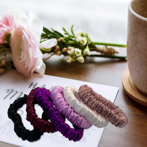 VLOMOT 6 Pcs Set 100% Pure Mulberry Silk Hair Scrunchies - 6 Chic Colors Everyday Skinny Scrunchies Silk Ponytail Holders - No Damage (Purple)