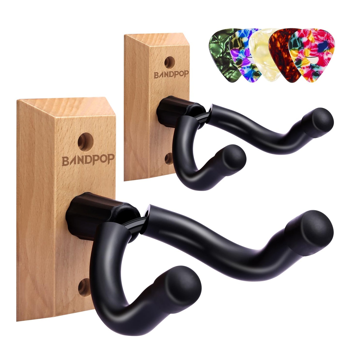 Bandpop Guitar Wall Mount - Solid Beech Wood Guitar Hanger with 5pcs Picks for Acoustic, Electric, Bass, Banjo, Mandolin
