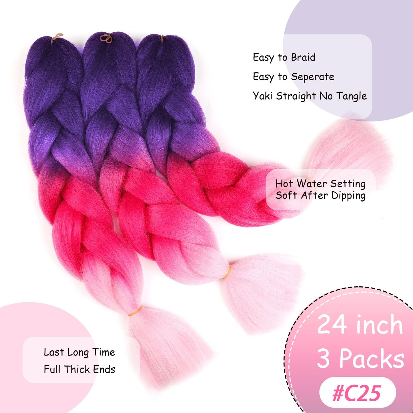 Purple Violet Braiding Hair Extensions Ombre Braiding Hair 3 Packs 24 inch Synthetic Hair for Braiding