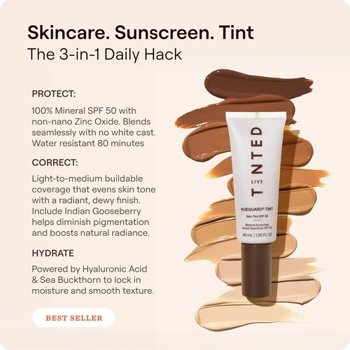 Live Tinted Hueguard Skin Tint SPF 50 | Tinted Mineral Sunscreen with Hydrating Finish - Light-Medium Coverage, 1.35 fl oz - Shade 08