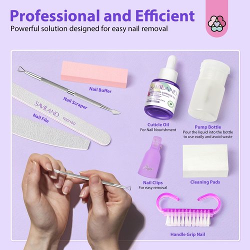 SAVILAND Pure Acetone Nail Polish Remover Kit: Gel Polish Remover with Professional Nail Polish Removal Tools Safe Gel Remover for Nails Fast & Easy Removal with Cuticle Oil Salon Home DIY 8.45 FL Oz