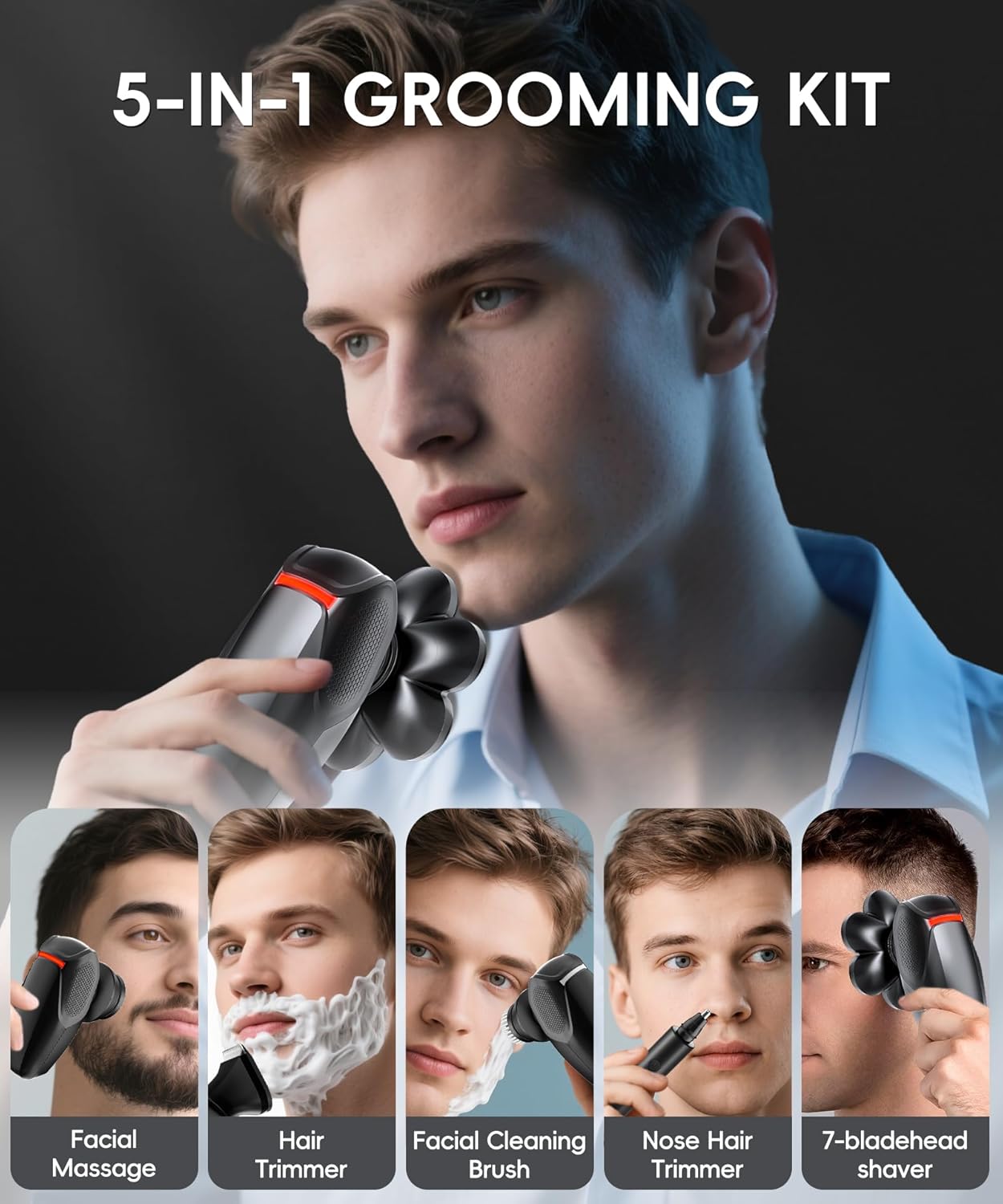 Skiennix 5-in-1 Head Shaver for Bald Men - 7D Rotary Electric Grooming Kit | IPX8 Waterproof, Midnight Black
