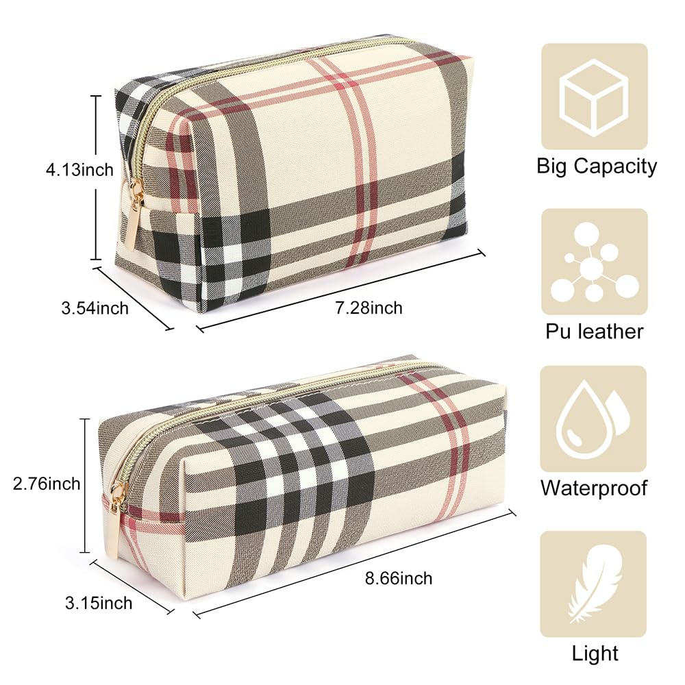 MAANGE Small Makeup Bag for Purse, 2 PCS Cosmetic Bag for Women Travel Makeup Pouch Leather Make up Bag Portable Zipper Pouch Brushes Bag - khaki plaid