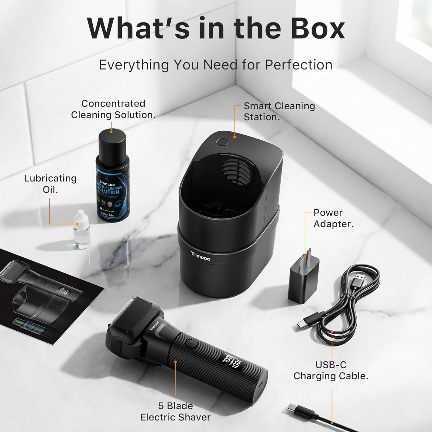 Trimcoo Electric Shaver for Men - 5-Blade Foil Razor Kit | Gentle on Sensitive Skin, USB-C Charging, 180min Runtime, IPX7 Wet/Dry Use
