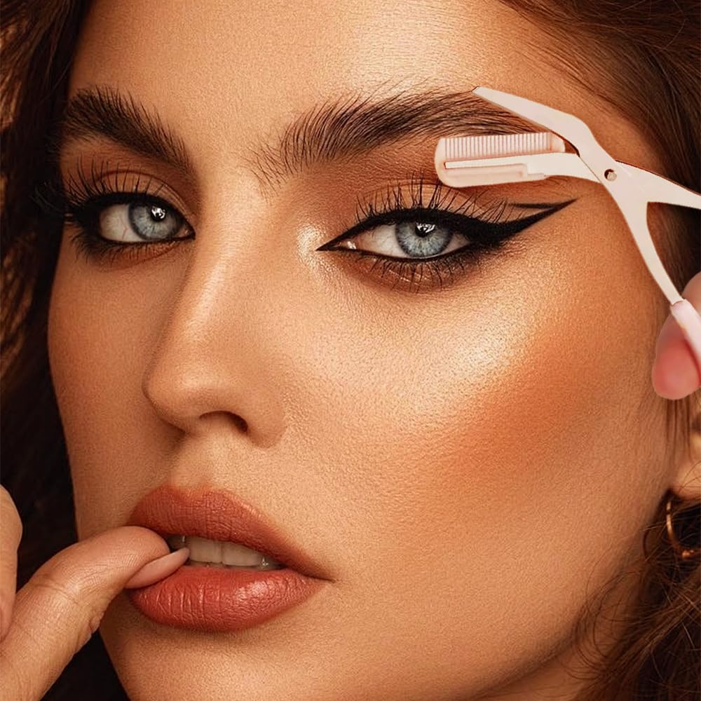 hoehew Eyebrow Trimmer Scissor, 2024 New Eyebrow Scissors with Comb Precision Eyebrow Trimming Scissors, Non-Slip Eyebrow Cutter Hair Removal Eyebrow Scissors Makeup Tool (3PC A)