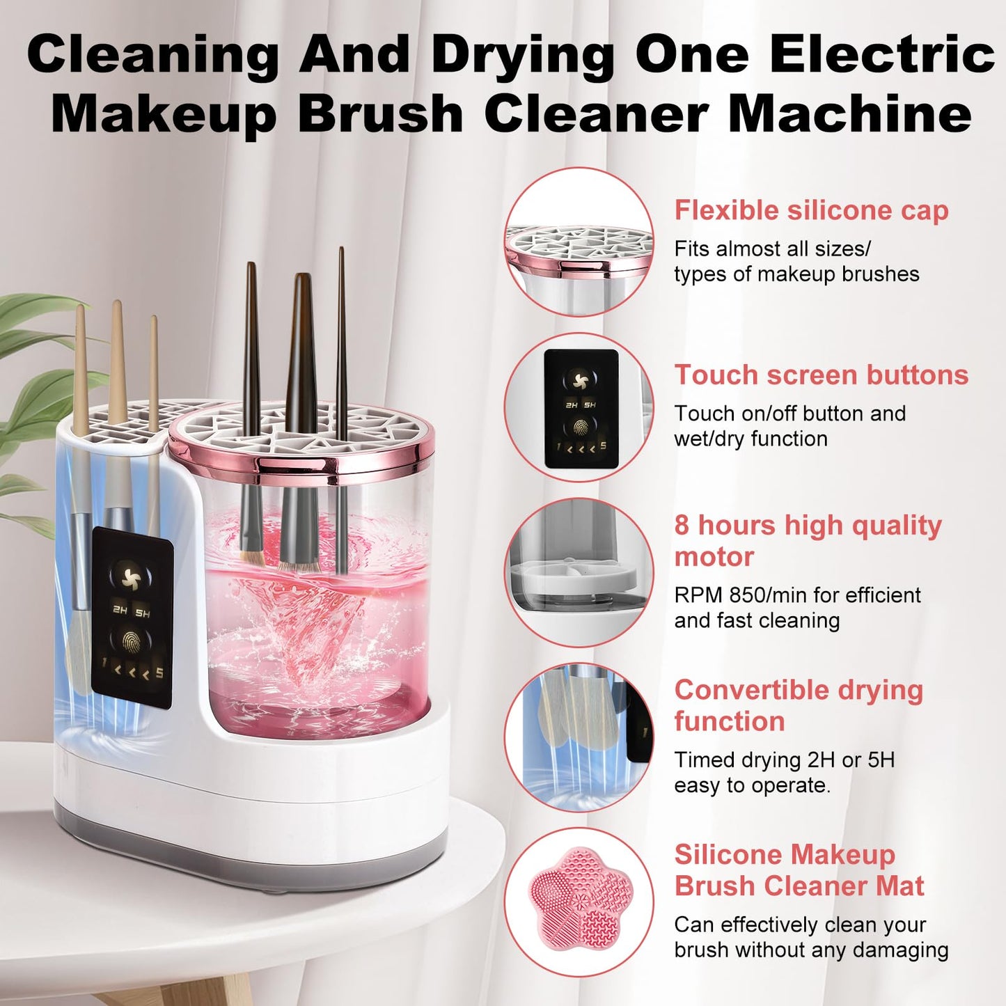 Electric Makeup Brush Cleaner Machine With Makeup Brush Dryer and Silicone Makeup Brush Cleaner Mat, Automatic USB Cosmetic Brushes Cleaner Tool For All Beauty Makeup Brush Set, Contour, Eyeshadow
