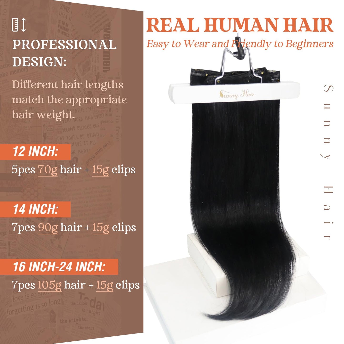 Sunny Hair Clip in Hair Extensions Straight Human Hair Clip in Extensions Remy Clip in Hair Extensions Real Human Hair Extensions Clip ins Jet Black for Women 12inch