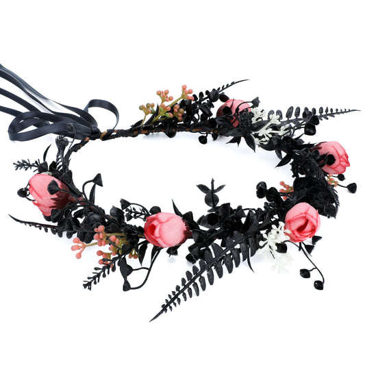 MOSTORY Handmade Black Flower Crown - Dark Floral Headband Elf Wreath Fairy Circlet for Women Girls Renaissance Halloween Cosplay Accessory