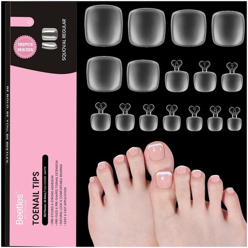 Beetles Toe Nail Tips Square - 16 Sizes 192 Pcs Full Cover Nail Tips Fake Acrylic Toe Nail Pre-etched Double Matte Press on Toenails, Soft Gel Toe Nail Extensions for Women
