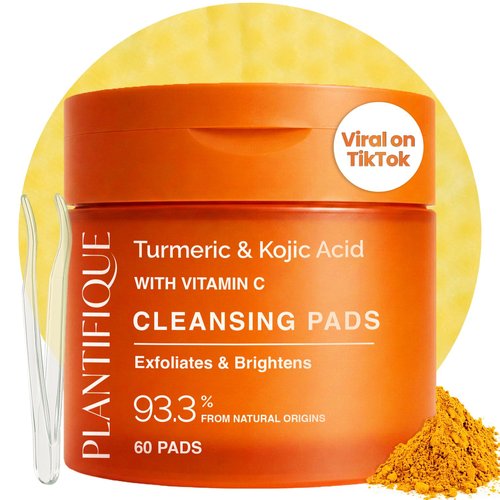 PLANTIFIQUE Kojic Acid & Turmeric Cleansing Pads - 60 Exfoliating Facial Pads for Radiant Skin