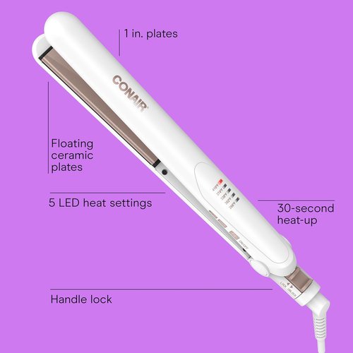 Conair Double Ceramic Flat Iron - 1-Inch Hair Straightener with Five Heat Settings & Extra Long Plates - White