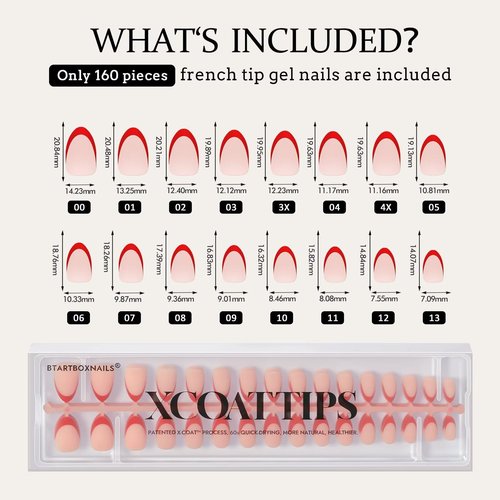 BTArtboxnails XCOATTIPS French Tip Press on Nails - Red French Tip Nails Almond, French Press on Nails Short, Soak Off Soft Gel Nail Extension 160Pcs