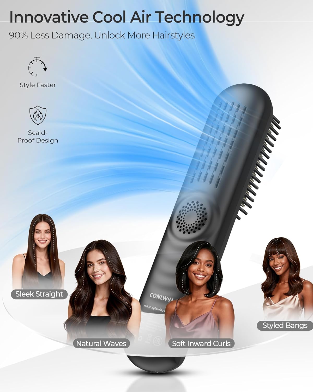 Skiennix Cordless Hair Straightener Brush - Portable Mini Travel Design for Thick Curly Hair | 350M Negative Ions for Frizz-Free Styling