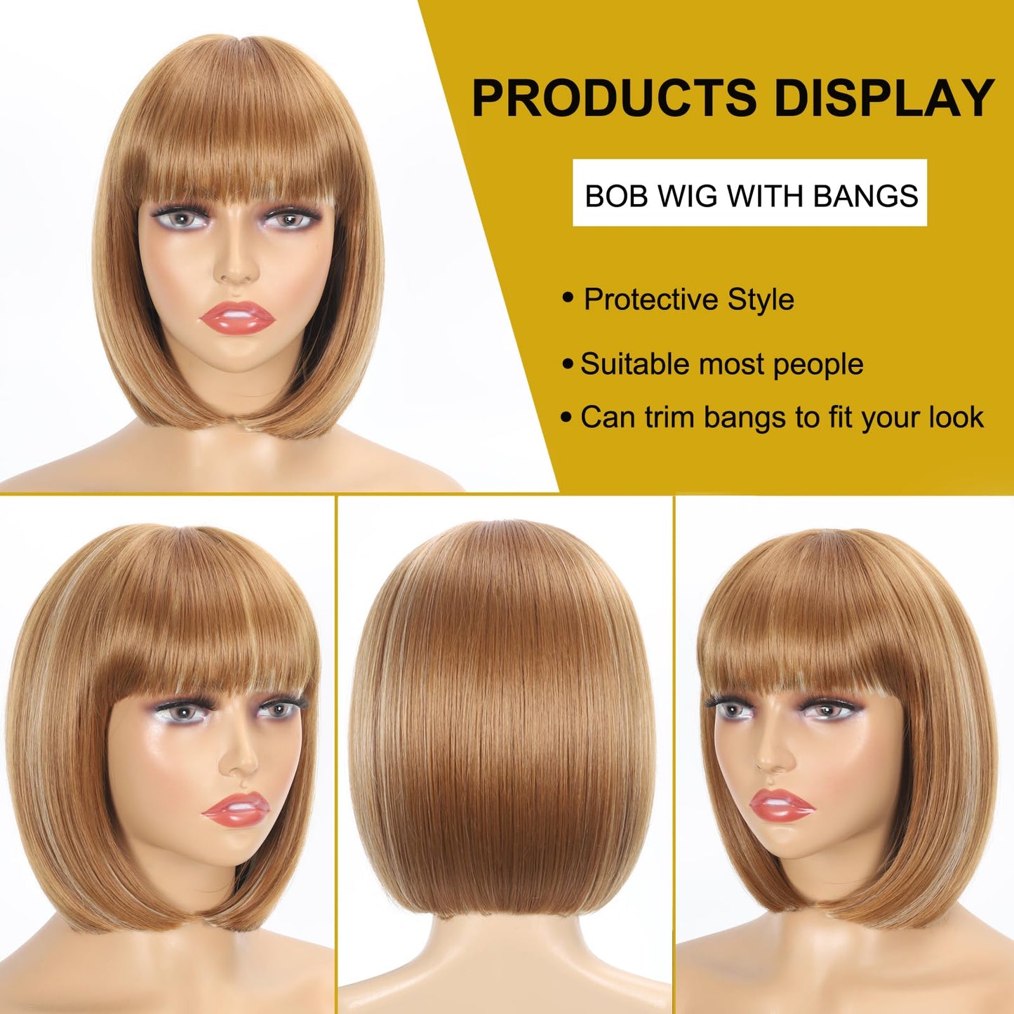 Yunkang Wig With Bangs 12 Inch Mix Brown Blonde color Bob Wig for Women Natural Looking Short Bob Wig With Bangs Heat Resistant Synthetic Hair Wig for Daily Party Cosplay (12inch, M-27/613)