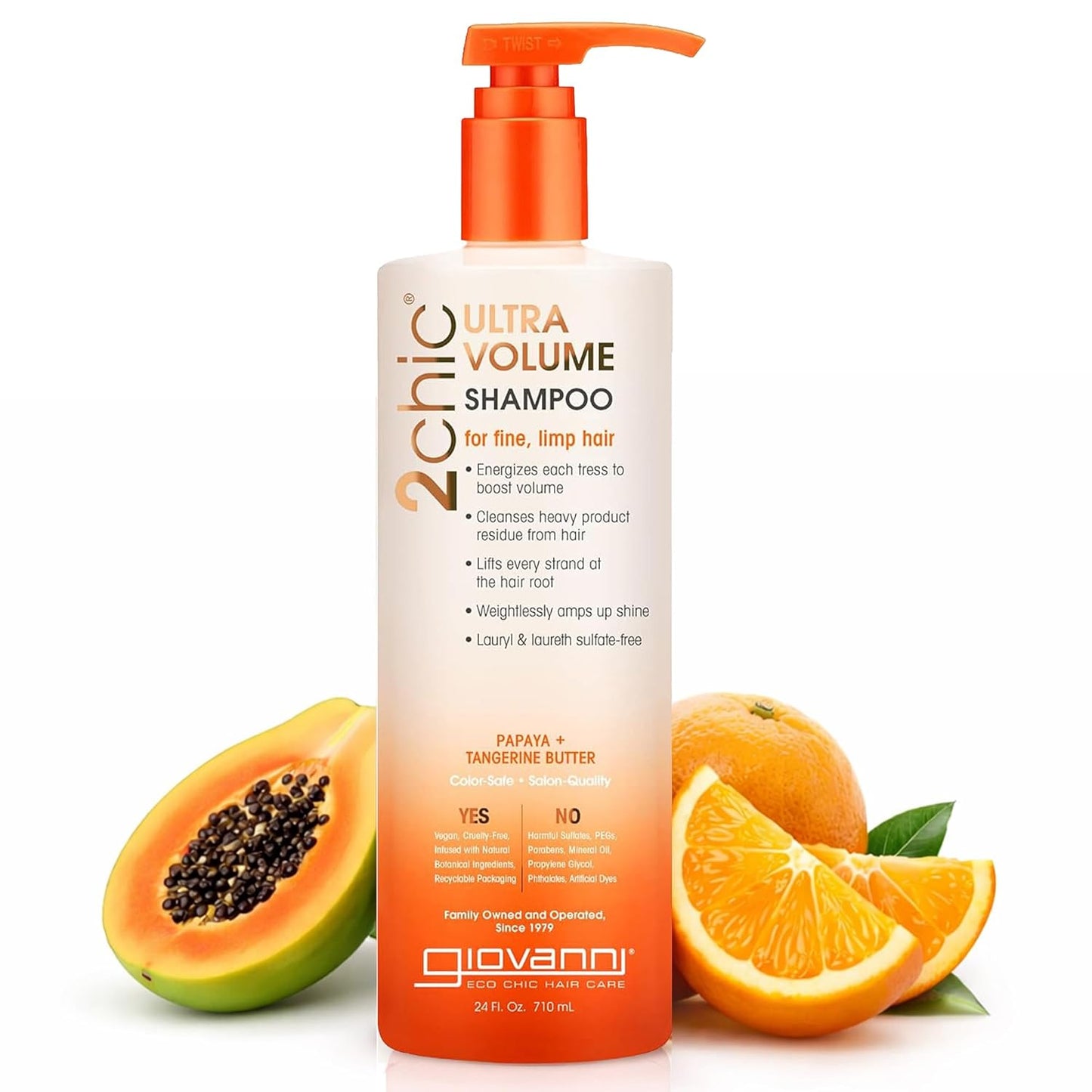 GIOVANNI 2chic Ultra-Volume Shampoo - Weightless Control for Fine Hair with Papaya & Tangerine Butter - 24 oz