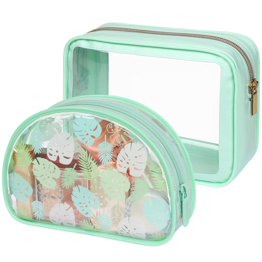 PACKISM TSA Approved Toiletry Bag - Light Green Turtle Leaves Print Clear Shell Bag and Upgrade Color-Edged Clear Toiletry Bags, Perfect for On the Go or Travel, Lightweight and Robust, 2 Pack