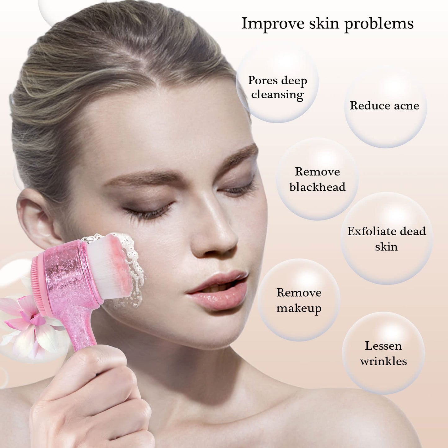 Beomeen Face Brush 2 in 1, Facial Cleansing Exfoliating Brush with Ultra Fine Soft Bristles for Pore Deep Cleansing Silicone Double Side Face Wash Scrub Brush for Skin Care, Ice Flower Pink