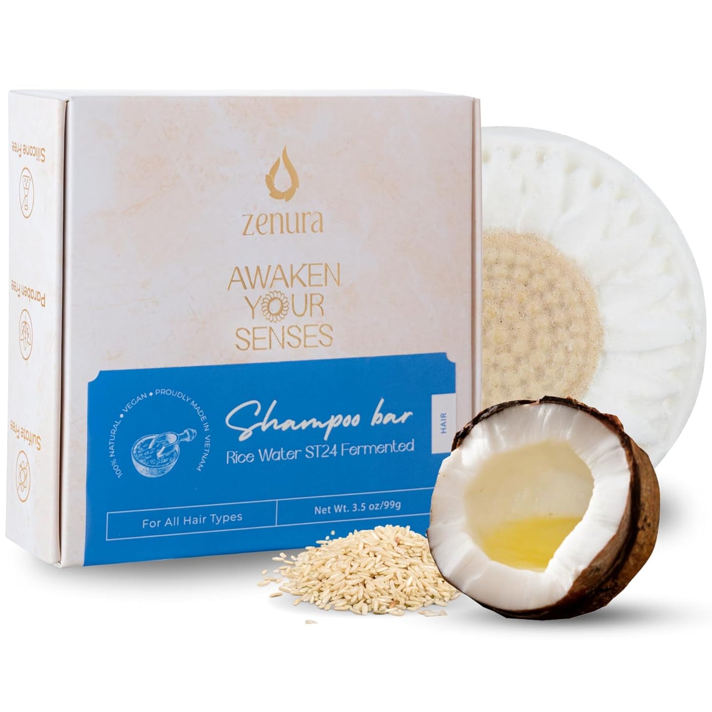 Skiennix Rice Water Shampoo Bar - Natural Hair Growth Formula with Coconut Oil | Eco-Friendly & Vegan - 3.5 oz
