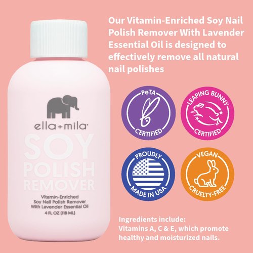 Ella+mila Soy Nail Polish Remover - Non-Toxic, Gentle Formula with Lavender Oil & Vitamins (4 fl oz)