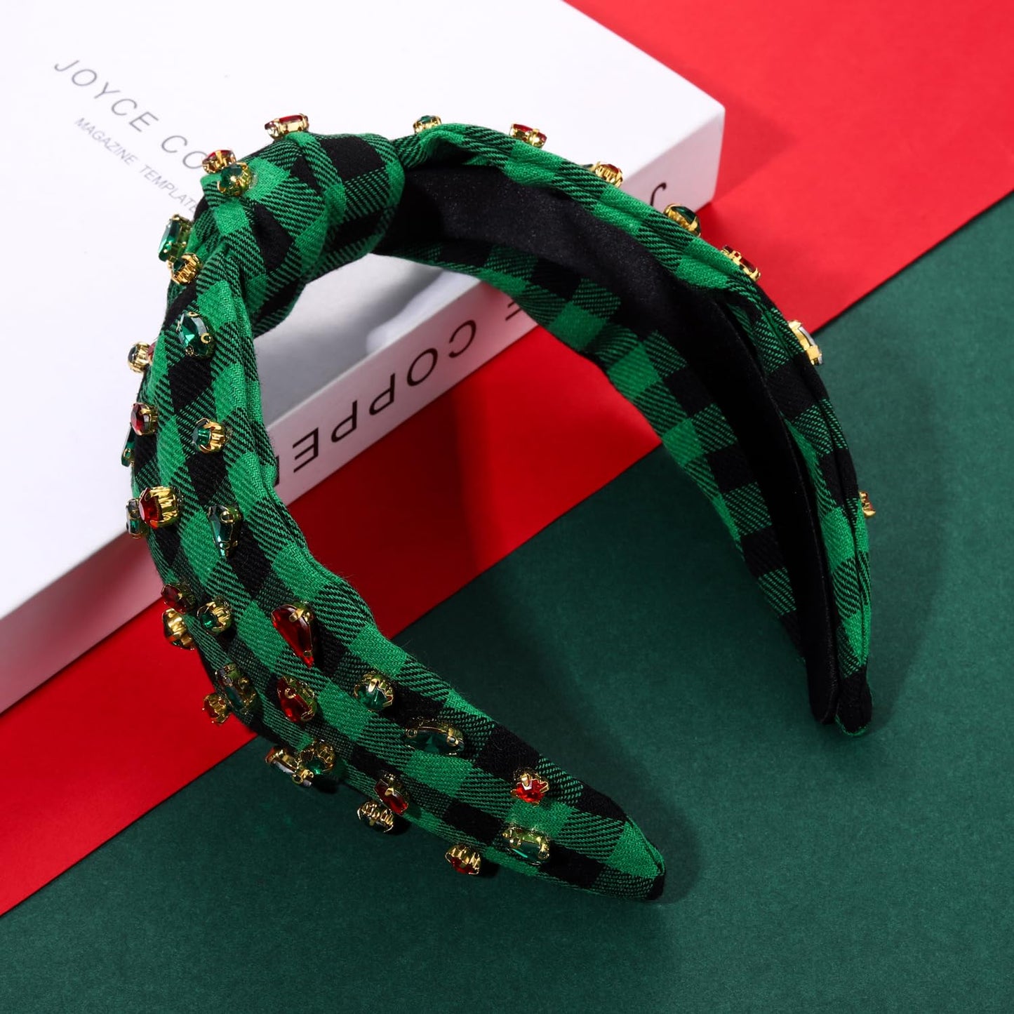 Christmas Holiday Headband for Women Rhinestone Crystal Knotted Headband Embellished Red Green Plaid Top Knot Headband Christmas Hair Accessories Holiday Outfits Festive Party Gifts (Christmas 2)