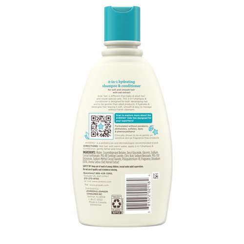 Aveeno Kids 2-in-1 Hydrating Shampoo & Conditioner, Gently Cleanses, Conditions & Detangles Kids Hair, Formulated With Oat Extract, For Sensitive Skin & Scalp, Hypoallergenic, 12 fl. oz