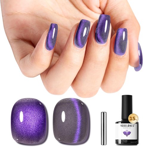 modelones Purple Cat Eye Gel Nail Polish Grey Purple Shimmer 9D Magnetic Cateye Gel Nail Polish UV LED Soak Off Nail Manicure 15ML