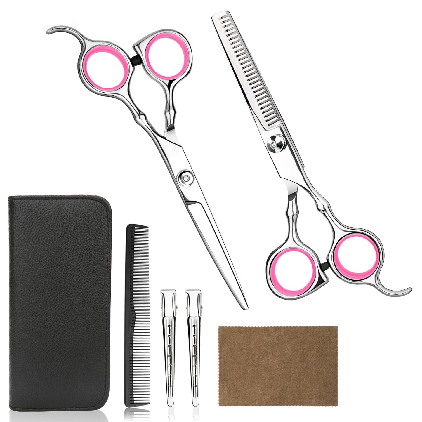 Professional Home Hair Cutting Kit - Quality Home Haircutting Scissors Barber/Salon/Home Thinning Shears Kit with Comb and Case for Men and Women (Pink)