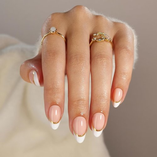 SHANGMENG White French Tip Press on Nails with Gold Line Design - Soft Gel Almond Press on Nails Short for Women, Glossy Glue on Nails with Glue in 16 Sizes - 32 Reusable Fake Nails, Gold Ribbon