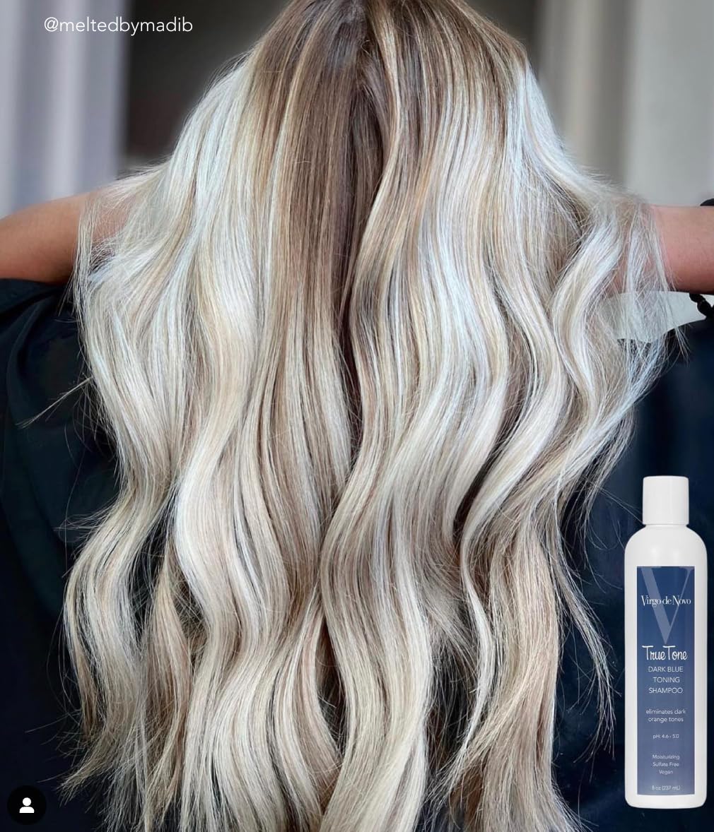 Virgo de Novo Extra Dark Blue Toning Shampoo - Neutralizes Brassy Tones in Lightened Brunette Hair | 8 oz, Vegan & Sulfate-Free