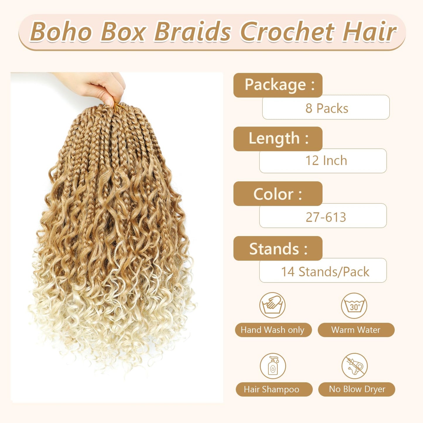 Crochet Box Braids Hair -8 Packs Goddess Box Braids Crochet Hair Bohemian Curly Crochet Hair Pre-looped Crochet Hair for Black Women (12(8Packs), 27/613)