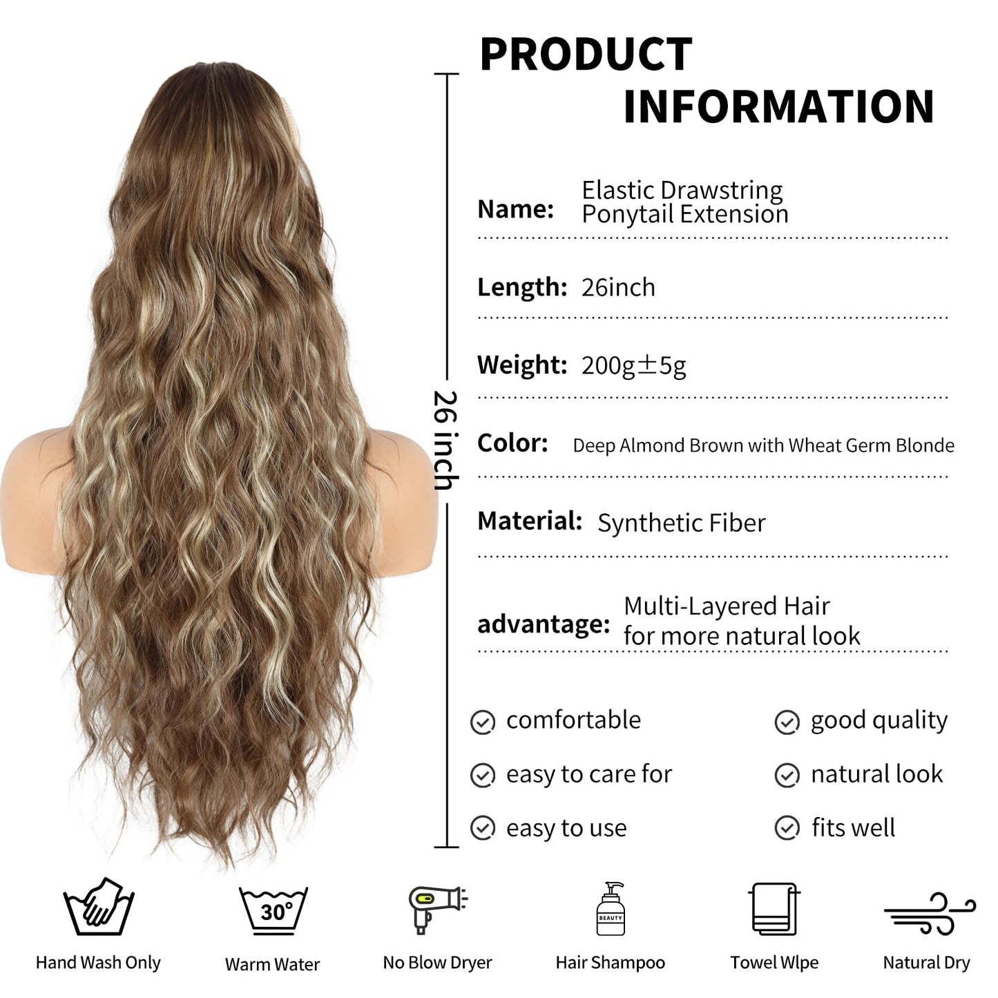 Ponytail Extension for Women, 26 inch Drawstring Ponytail Extension, Wavy Pony Tails Hair Extensions, Synthetic Hair Extensions Ponytail for Daily Use (Deep Almond Brown with Wheat Germ Blonde)