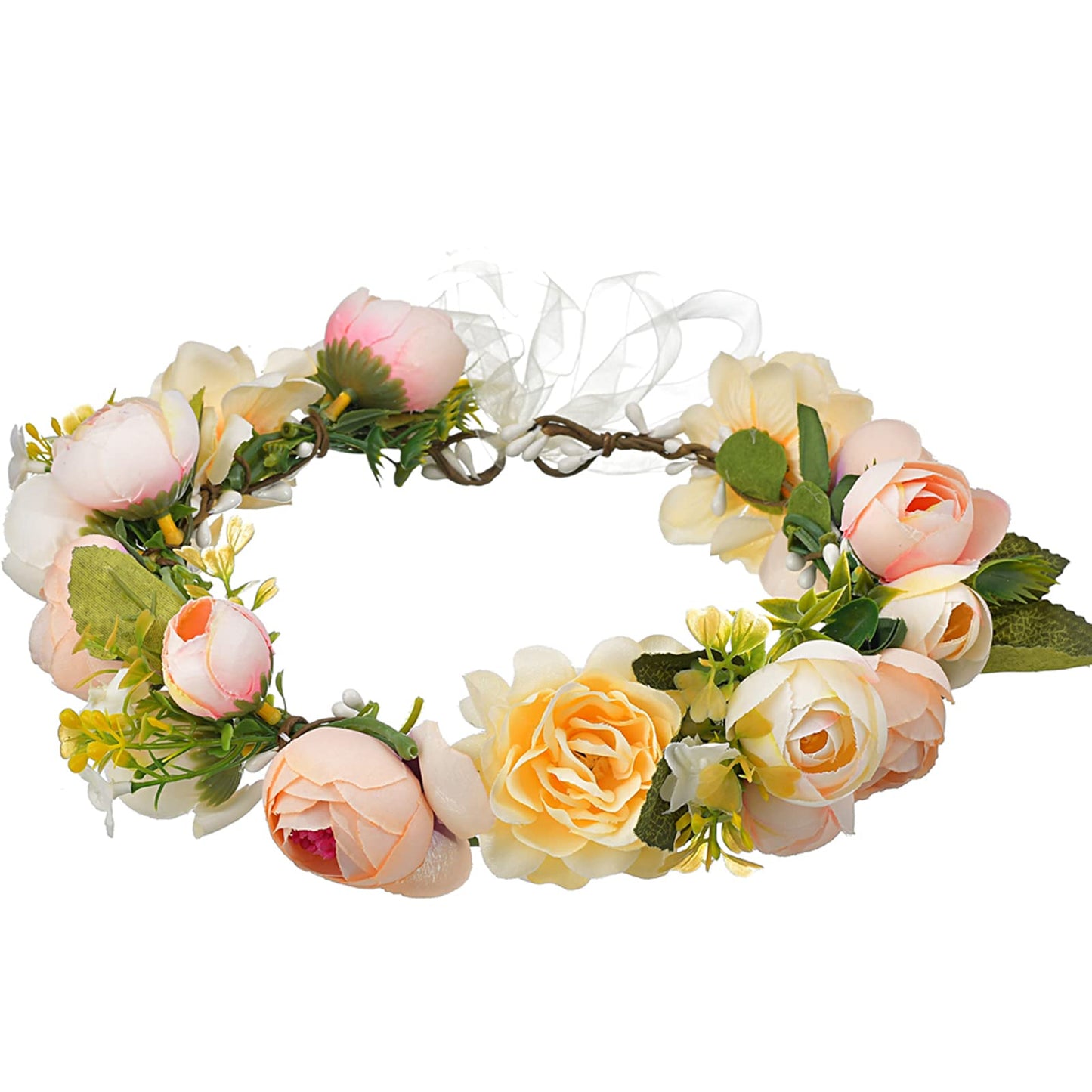 YnimioAOX Handmade Adjustable Flower Wreath Headband Halo Floral Crown Garland Headpiece,N5-champagne