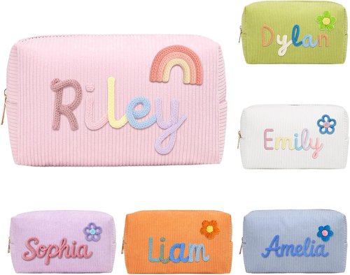 KAINSY Personalized Corduroy Makeup Bag - Custom Name & Pattern Design, Small Travel Pouch | Perfect Gift for Her