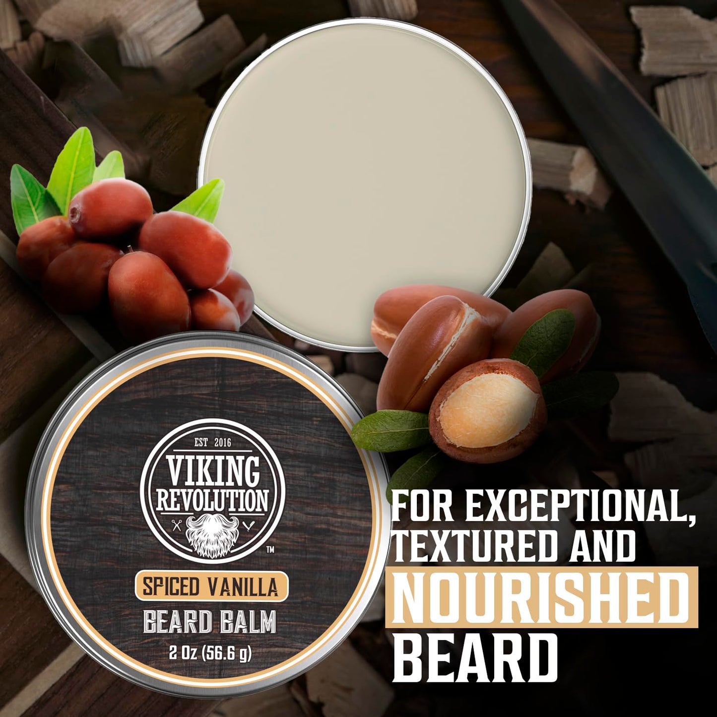 Viking Revolution Spiced Vanilla Beard Balm - Nourishing Beard Butter with Argan & Jojoba Oils | 2oz
